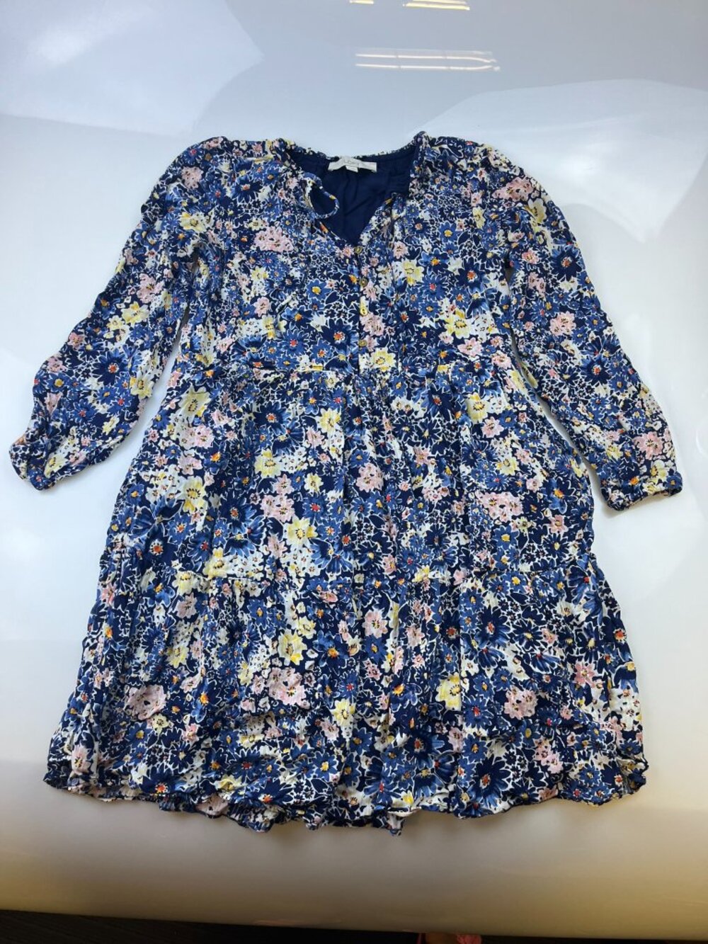 LOFT Blue Floral V-Neck Tiered Mini Dress N255-59